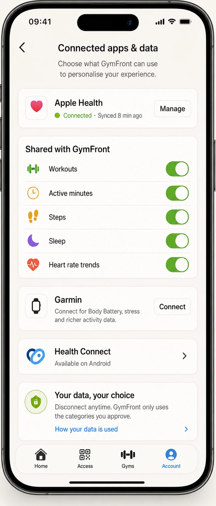 Connected apps and data screen: Apple Health connected, granular sharing toggles, Garmin and Health Connect options